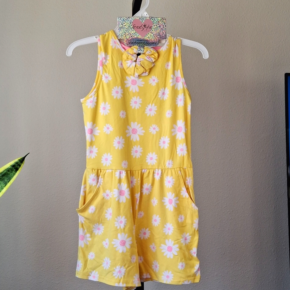 Freestyle Revolution Girls Floral Romper with pockets + hair scrunchie